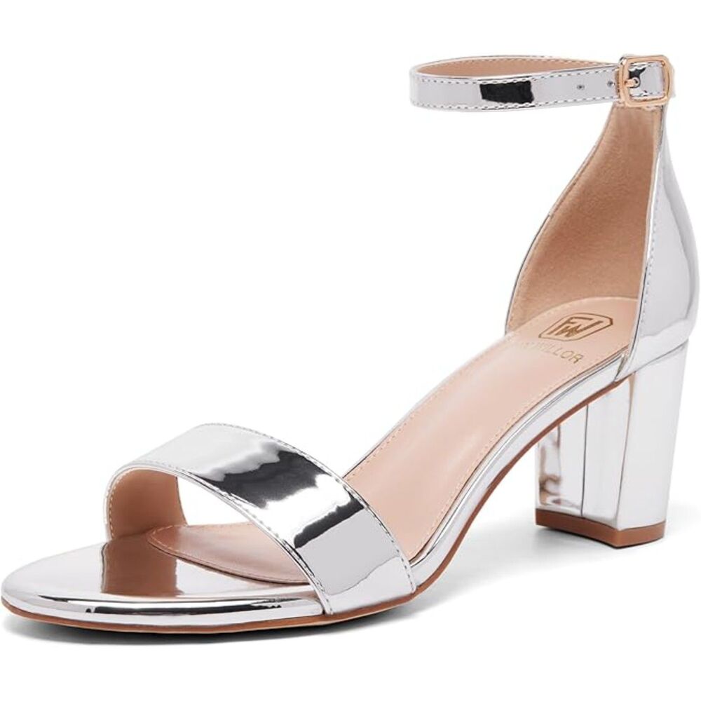 Women's Silver Open Toe Ankle Strap Low Chunky Short Heels Wedding Pumps Shoes